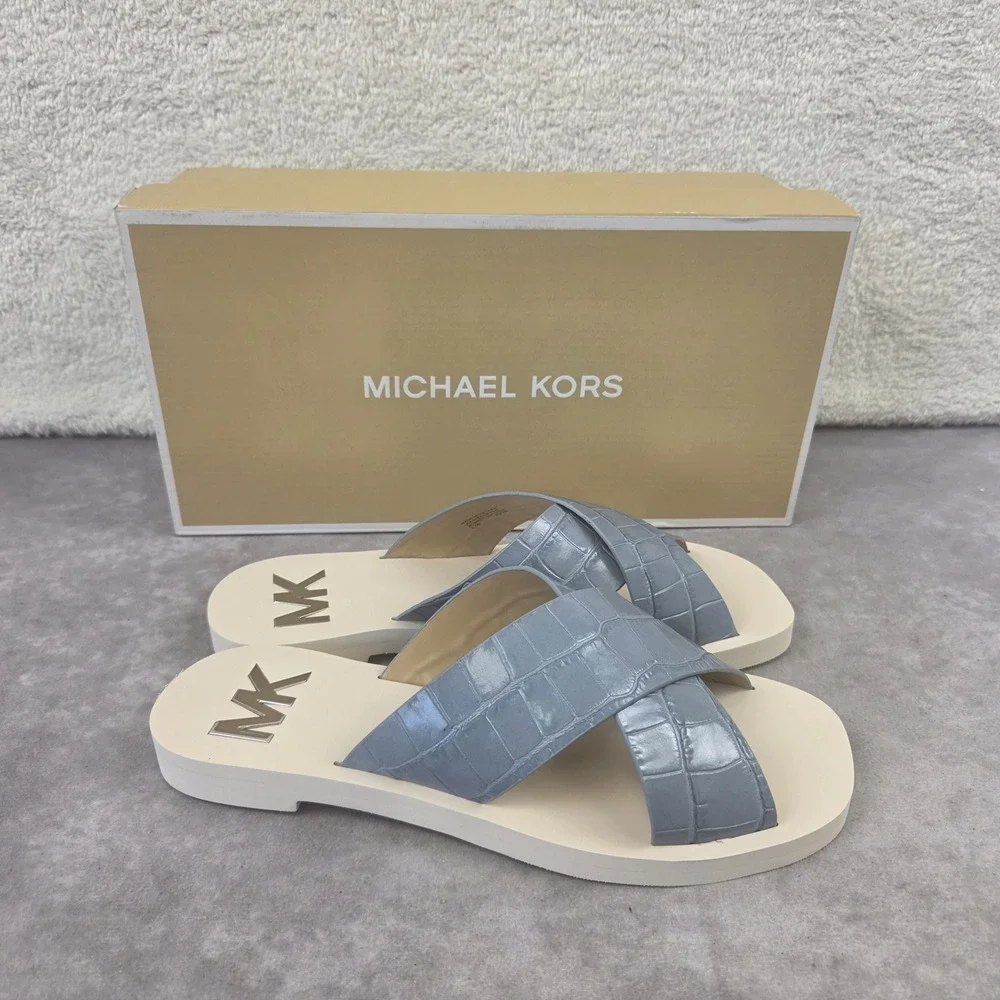 Michael Kors Glenda Sandals Pale Blue Croc Embossed Slide 40S2GLFP1E Mens 6.5 M